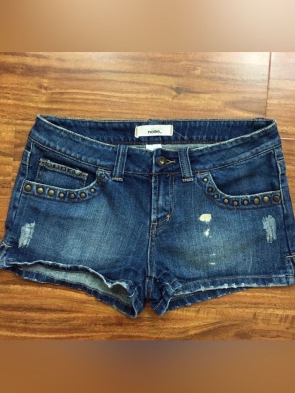 Vintage Y2K Nollie Junior Blue Studded Lowrise Denim Shorts Size 7 Boho Western